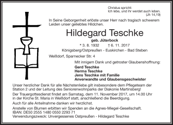 Traueranzeige von Hildegard Teschke von Frankenpost