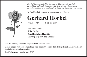 Traueranzeige von Gerhard Horbel von Südthüringer Presse