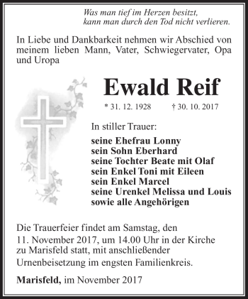 Traueranzeige von Ewald Reif von Südthüringer Presse