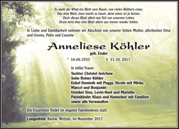 Traueranzeige von Anneliese Köhler von Südthüringer Presse