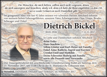 Traueranzeige von Dietrich Bickel von Südthüringer Presse