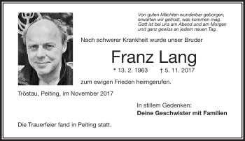 Traueranzeige von Franz Lang von Frankenpost