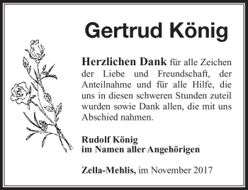 Traueranzeige von Gertrud König von Südthüringer Presse