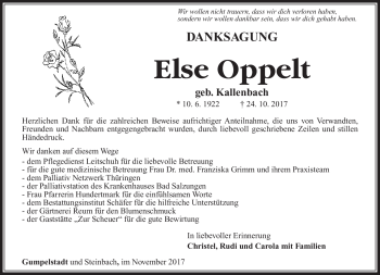 Traueranzeige von Else Oppelt von Südthüringer Presse