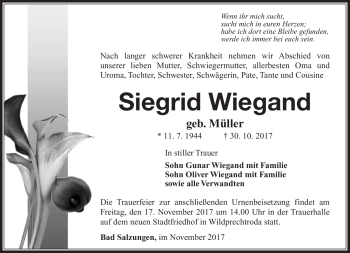 Traueranzeige von Siegrid Wiegand von Südthüringer Presse