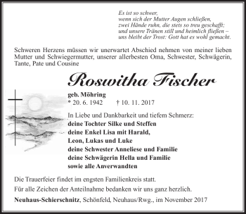 Traueranzeige von Roswitha Fischer von Südthüringer Presse