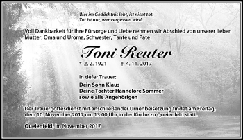 Traueranzeige von Toni Reuter von Südthüringer Presse