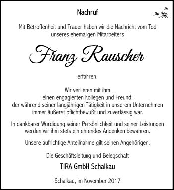 Traueranzeige von Franz Rauscher von Südthüringer Presse