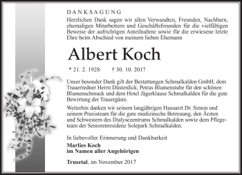 Traueranzeige von Albert Koch von Südthüringer Presse