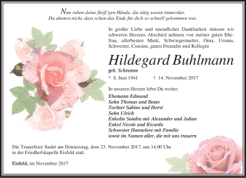 Traueranzeige von Hildegard Buhlmann von Südthüringer Presse