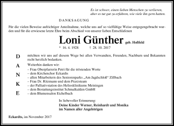 Traueranzeige von Loni Günther von Südthüringer Presse