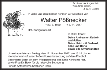 Traueranzeige von Walter Pößnecker von Frankenpost