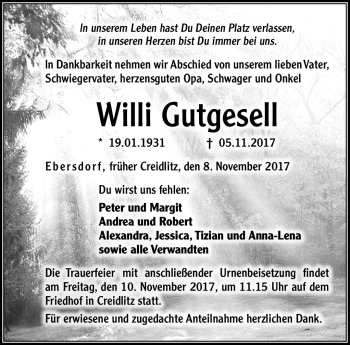 Traueranzeige von Willi Gutgesell von Neue Presse Coburg