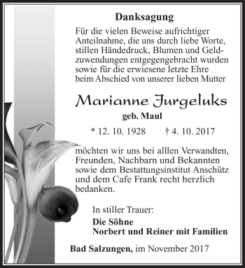 Traueranzeige von Marianne Jurgeluks von Südthüringer Presse