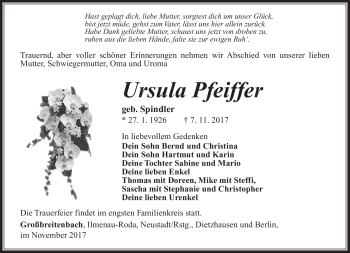 Traueranzeige von Ursula Pfeifer von Südthüringer Presse
