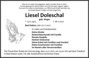Traueranzeige von Liesel Doleschal von Frankenpost