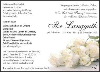 Traueranzeige von Ilse Langguth von Südthüringer Presse