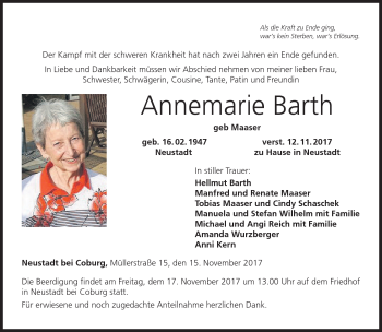 Traueranzeige von Annemarie Barth von Neue Presse Coburg