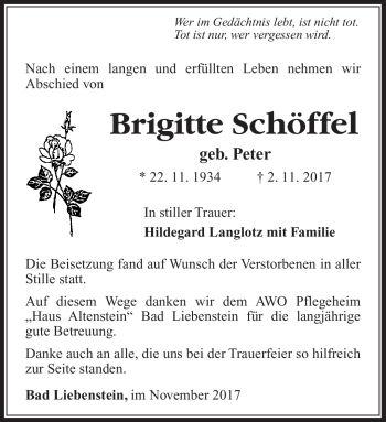 Traueranzeige von Brigitte Schöffel von Südthüringer Presse