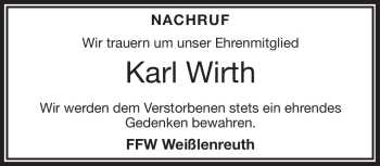 Traueranzeige von Karl Wirth von Frankenpost