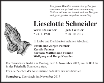 Traueranzeige von Lieselotte Schneider von Südthüringer Presse