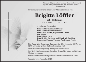 Traueranzeige von Brigitte Löffler von Südthüringer Presse
