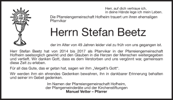 Traueranzeige von Stefan Beetz von Neue Presse Coburg