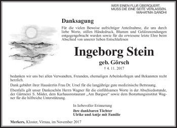 Traueranzeige von Ingeborg Stein von Südthüringer Presse