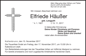 Traueranzeige von Elfriede Häußer von Neue Presse Coburg