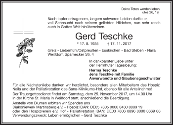 Traueranzeige von Gerd Teschke von Frankenpost