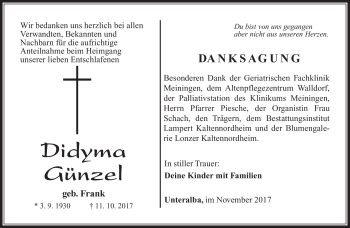 Traueranzeige von Didyma Günzel von Südthüringer Presse