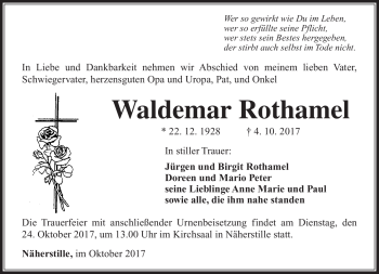 Traueranzeige von Waldemar Rothamel von Südthüringer Presse
