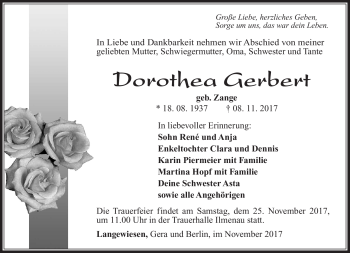 Traueranzeige von Dorothea Gerbert von Südthüringer Presse