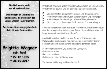Traueranzeige von Brigitta Wagner von Südthüringer Presse
