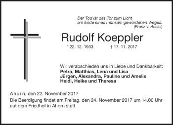 Traueranzeige von Rudolf Koeppler von Neue Presse Coburg