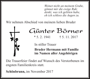 Traueranzeige von Günter Börner von Südthüringer Presse