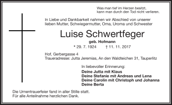 Traueranzeige von Luise Schwertfeger von Frankenpost