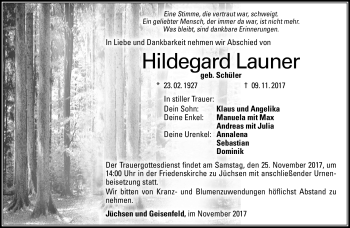 Traueranzeige von Hildegard Launer von Südthüringer Presse