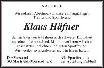 Traueranzeige von Klaus Häfner von Südthüringer Presse