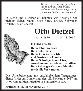 Traueranzeige von Otto Dietzel von Südthüringer Presse