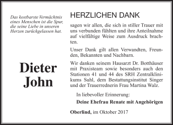 Traueranzeige von Dieter John von Südthüringer Presse