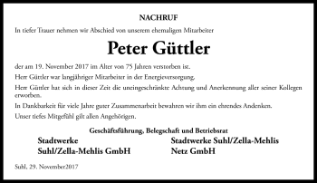 Traueranzeige von Peter Güttler von Südthüringer Presse