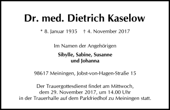 Traueranzeige von Deitrich Kaselow von Südthüringer Presse