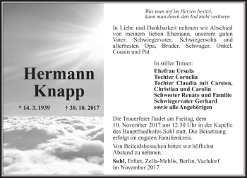 Traueranzeige von Hermann Knapp von Südthüringer Presse