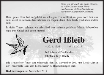 Traueranzeige von Gerd Ißleib von Südthüringer Presse