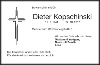 Traueranzeige von Dieter Kopschinski von Frankenpost