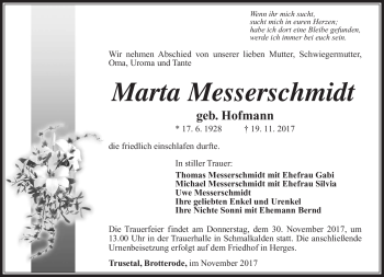 Traueranzeige von Marta Messerschmidt von Südthüringer Presse