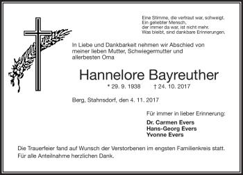 Traueranzeige von Hannelore Bayreuther von Frankenpost
