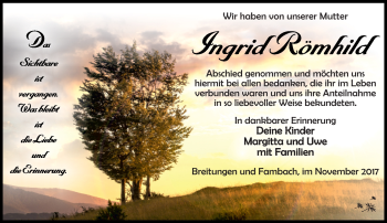 Traueranzeige von Ingrid Römhild von Südthüringer Presse