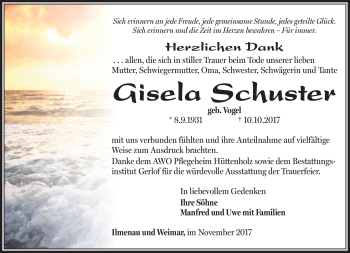 Traueranzeige von Gisela Schuster von Südthüringer Presse